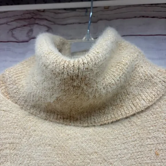 Anthropologie Sleeping on Snow Metallic Poncho Turtleneck Sweater Cream Gold O/S - Picture 4 of 6